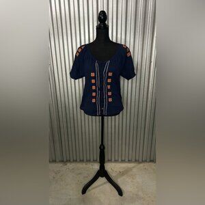 Women’s Joie Blue Orange Geometric Short Sleeve Blouse Top Designer Size Medium